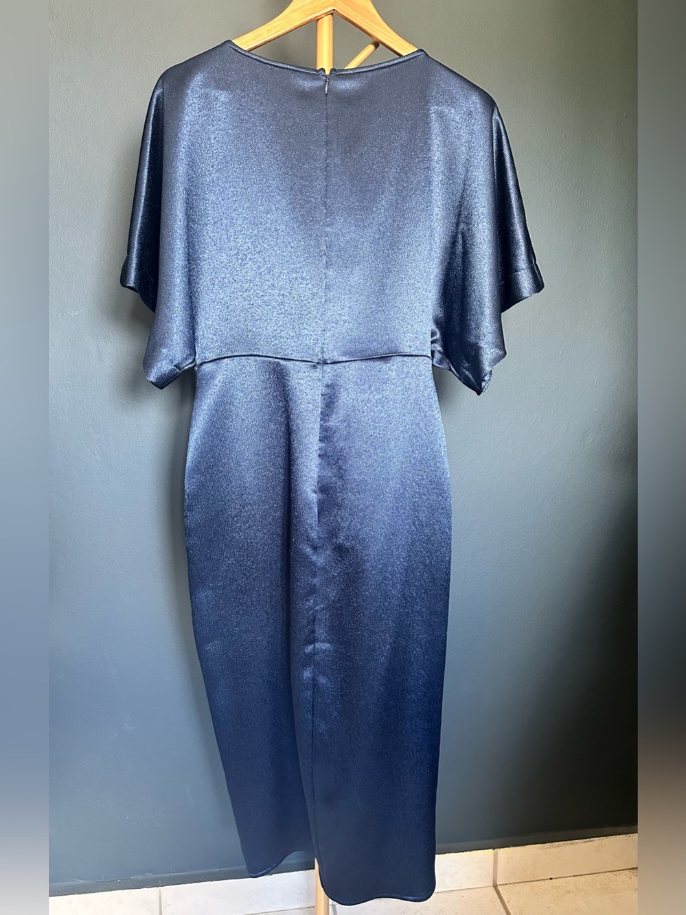 Express Navy Satin Midi Dress Faux Wrap - Picture 9 of 12